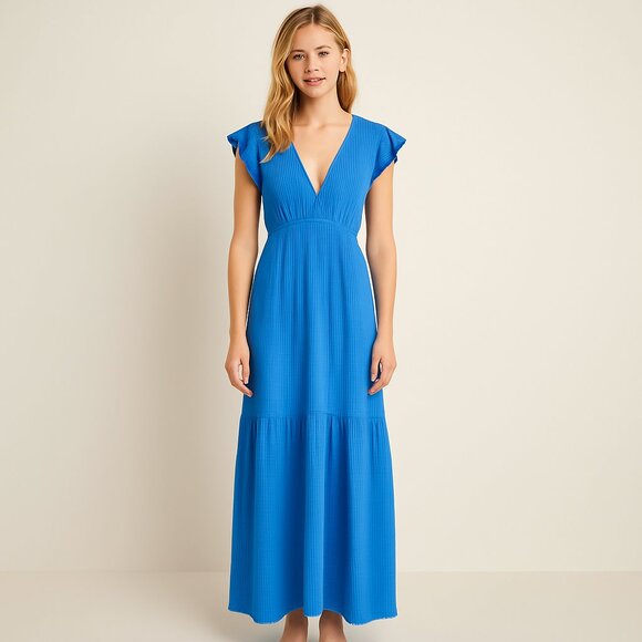 Honorine Blue Cotton Gauze Maxi Dress Flutter Sleeves Tiered Tiered Summer M - Picture 8 of 8